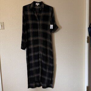 NWT Cloth & Stone Black Plaid Midi Dress, Size XS